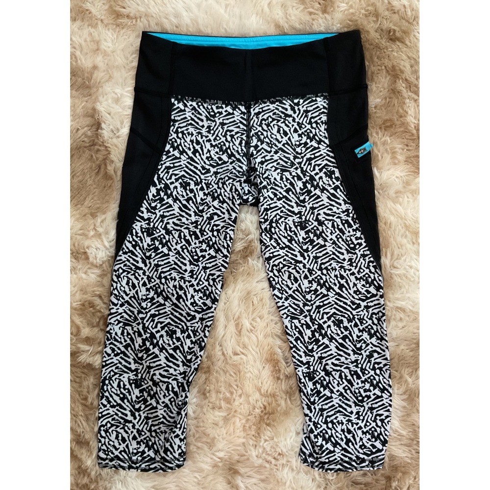 Lululemon Run Top Crop Leggings Black White Geometric Teal Size 4 Running
